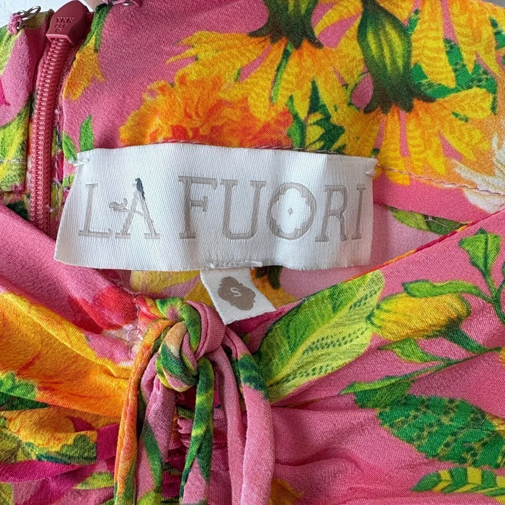 La Fuori Skirt Pink‎ Floral Print Silk Maxi Skirt w Drawstring Ruched